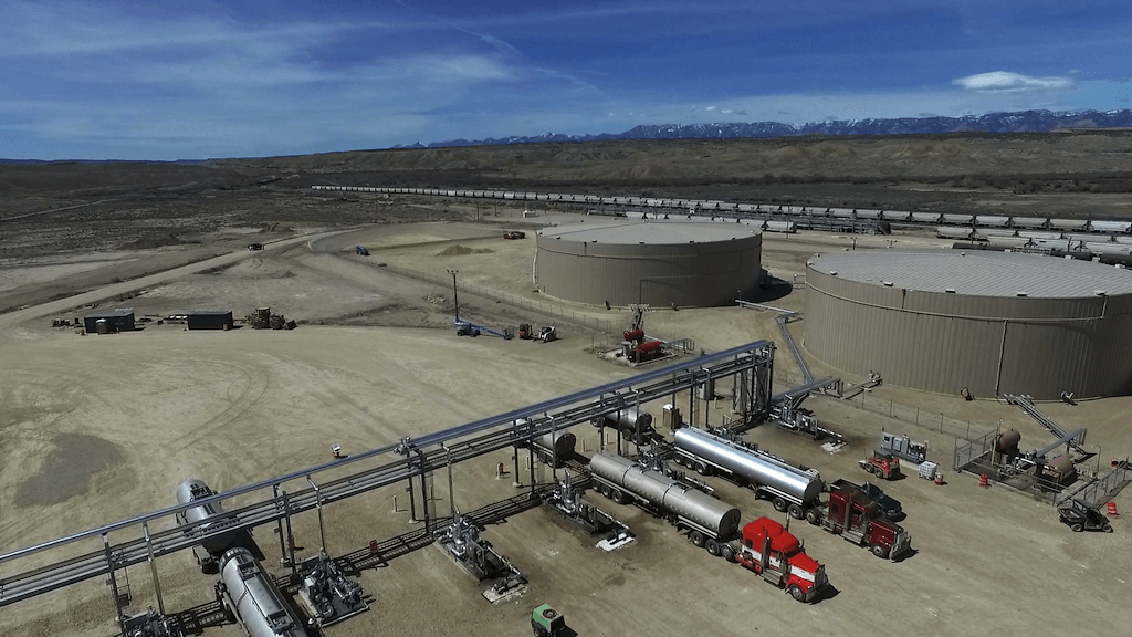 Aerial view of crude oil terminal construction site in Wellington, Utah